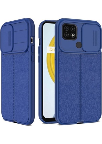 Oppo A15S Kılıf Kamera Sürgülü Deri Dokulu Mat Silikon Lacivert