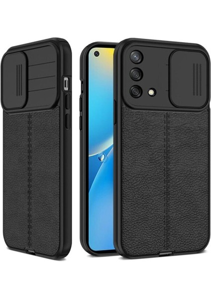 Oppo A74 4g Kılıf Kamera Sürgülü Deri Dokulu Mat Silikon Siyah
