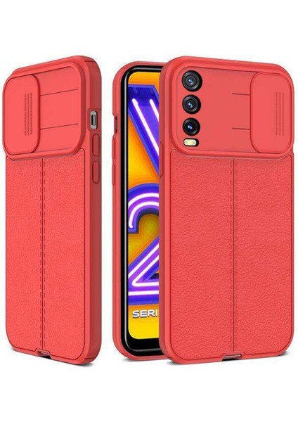 Vivo Y20 Kılıf Kamera Sürgülü Deri Dokulu Mat Silikon Kırmızı