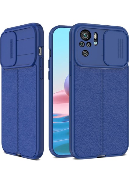 Xiaomi Redmi Note 10 Kılıf Kamera Sürgülü Deri Dokulu Mat Silikon Lacivert