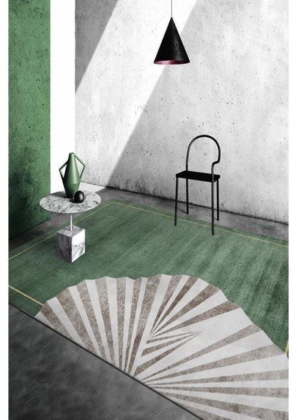 Dijital Baskılı Kaymaz, Yıkanabilir Yamalı Çerçeveli Yeşil Salon Mutfak Halı-Yolluk-D4015