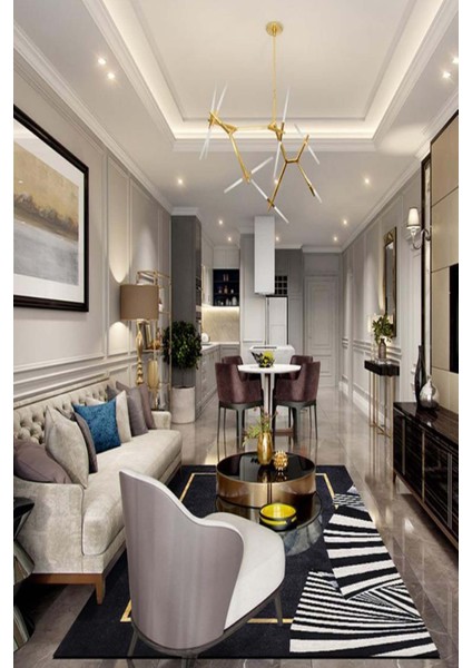 Dijital Baskılı Kaymaz, Yıkanabilir Yamalı Çerçeveli Siyah Salon Mutfak Halı-Yolluk-D4016