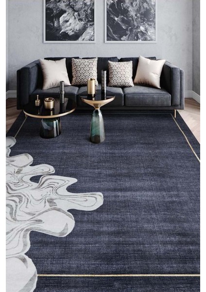 Dijital Baskılı Kaymaz, Yıkanabilir Yamalı Çerçeveli Lacivert Salon Mutfak Halı-Yolluk-D4017