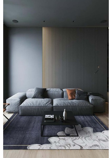 Dijital Baskılı Kaymaz, Yıkanabilir Yamalı Çerçeveli Lacivert Salon Mutfak Halı-Yolluk-D4017