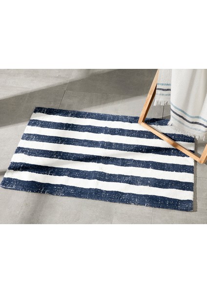 Bold Stripe Çizgili Pamuklu Banyo Paspası 60 x 90 cm Lacivert - Ekru