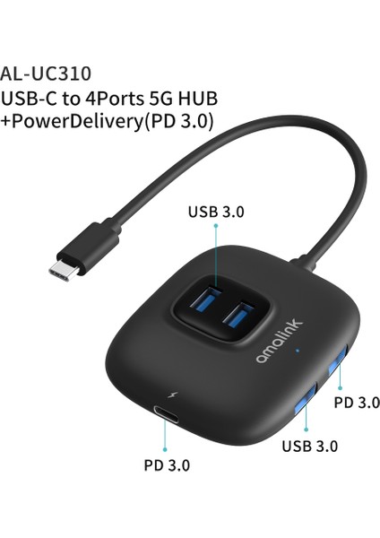 C Amalink AL-UC310 Taşınabilir 5gbps Tip-C-Usb 3.0 4 Bağlantı Noktası + Pd 3.0 Hub (Yurt Dışından)