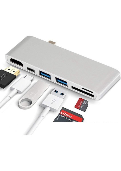 C 6 Arada Tip C Hub Adaptörü + 2*usb 3.0 + Pd + Sd/tf Kart Okuyucu Yerleştirme Istasyonu-Gümüş (Yurt Dışından)