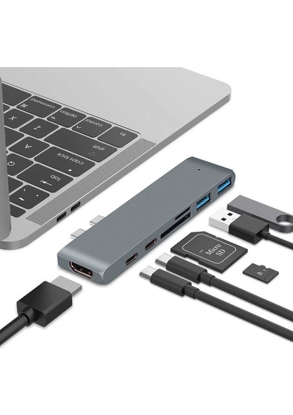 C Çift Usb-C Hub Type-C-Thunderbolt 3 + Type-C + 4K HDMI + USB 3.0 x 2 + Sd + Microsd Kart Okuyucu Adaptörü-Koyu Gri (Yurt Dışından)