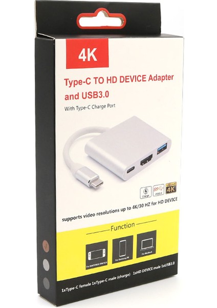 C T536 3 Arada 1 Tip C - HDMI USB 3.0 Multiport Kablo Dönüştürücü Samsung Huawei MacBook - Gray (Yurt Dışından)