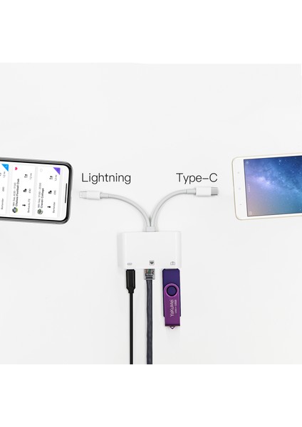 C NK-107 Pro 3 In 1 Type-C+8 Pin Erkek USB+RJ45+8 Pin Kadın Şarjı Adaptör Kablosu Ayrıştırıcı Dönüştürücü (Yurt Dışından)
