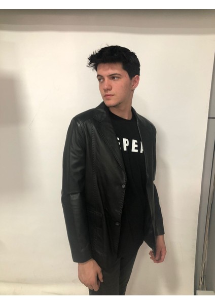 Erkek Siyah Hakiki Deri Slim Fit Düğmeli Ceket – İpek Astar, El İşçiliği, Uşak Üretimi