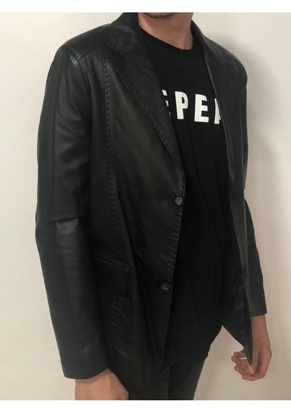 Erkek Siyah Hakiki Deri Slim Fit Düğmeli Ceket – İpek Astar, El İşçiliği, Uşak Üretimi fiyatları