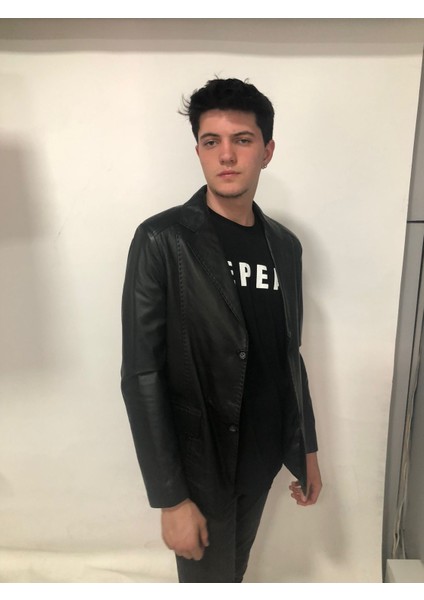 Erkek Siyah Hakiki Deri Slim Fit Düğmeli Ceket – İpek Astar, El İşçiliği, Uşak Üretimi modelleri