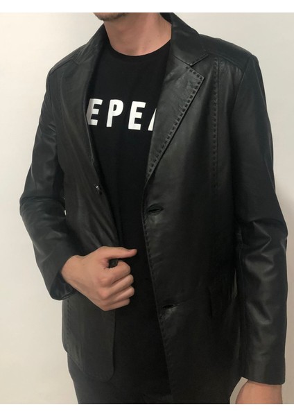 Erkek Siyah Hakiki Deri Slim Fit Düğmeli Ceket – İpek Astar, El İşçiliği, Uşak Üretimi fırsatları