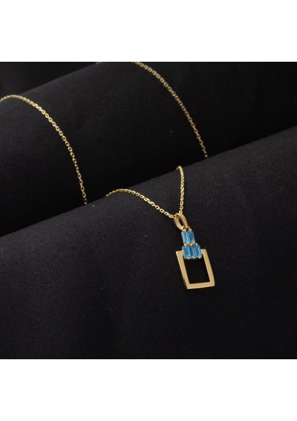 Mavi Baget Taşlı Dörtgen Altın Kolye modelleri