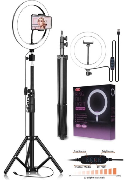 10 Inç Ring Light 5500K Youtuber LED Işıklı 2.1 Metre Tripod Selfie Makyaj Işığı