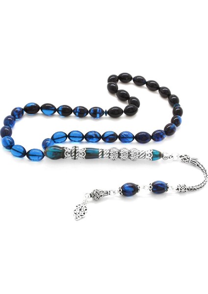 925 Ayar Gümüş Püsküllü Gümüş Üç Şerefeli Nakkaş Imameli Süzme Turkuaz-Siyah Ateş Kehribar Tesbih fiyatları