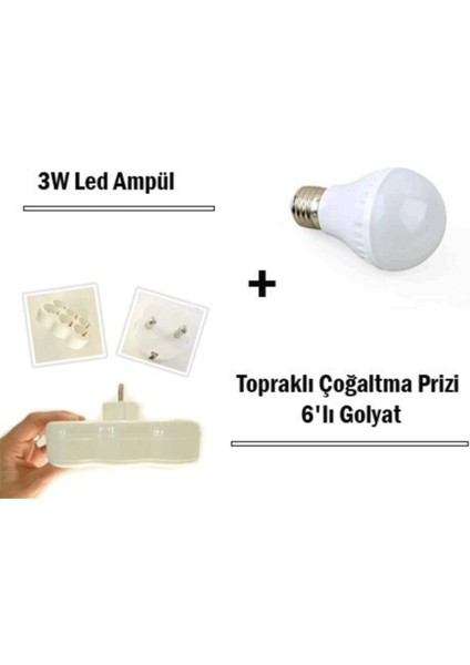 3W LED Ampul 10 Ad + Topraklı Çoğaltma Prizi 6 Lı Golyat Set 1 Ad