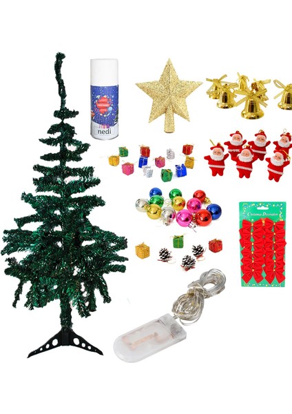 Gür Dallı Yılbaşı Çam Ağacı 120 cm 56 Süslü LED Işıklı ve Kar Spreyi Hediyeli Set