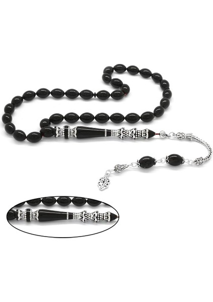 925 Ayar Gümüş Püsküllü Gümüş Minare Nakkaş Imameli Siyah Sıkma Kehribar Tesbih