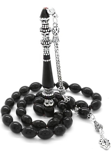 925 Ayar Gümüş Püsküllü Gümüş Minare Nakkaş Imameli Siyah Sıkma Kehribar Tesbih fiyatları