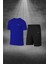 Erkek Mavi Dri-Fit Kumaş Antrenman ve Koşu Için Konforlu Cepli Düz Tişört Şort Seti S-3xl 1