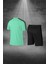 Battal Beden Erkek Su Yeşili Dri-Fit Kumaş Spor Için Konforlu Cepli Kısa Kol Tişört Şort Ikili Takım 4XL-10XL 4