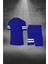 Büyük Beden Erkek Mavi Dri-Fit Kumaş Baskısız Yuvarlak Yaka Kısa Kol Tişört Şort Alt Üst Spor Takım 4XL-10XL 4