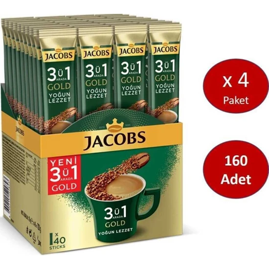Jacobs 3ü1 Arada Gold Kahve Karışımı Yoğun Lezzet 160 Adet 40 x 4 Paket