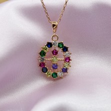 Renkli Zirkon Taşlı Oval Gümüş Kolye