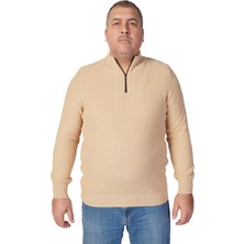 Trist Star Büyük Beden BEJ Dik Yaka Fermuarlı Pamuklu Erkek Kazak