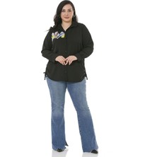 Disentis Modest Büyük Beden Yaprak Baskılı Yanları Bağlama Detaylı Bayan Siyah Gömlek