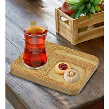 BK Kişiye Özel Doğal Ahşap Kaşıklı Sunum Tabağı ve Heybeli Çay Bardağı Hediye Seti - Model 12