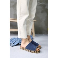 Nilufarr Pera Kot Mavi Hakiki Deri Kadın Espadril Terlik