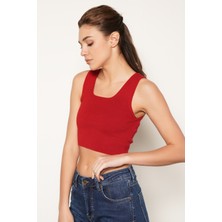 Trist Star Kadın KIRMIZI %100 Organik Pamuk Likralı Crop Kare Yaka Triko Atlet Örme Bluz TRIST-6123