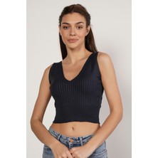 Trist Star Kadın LACİVERT  Organik Pamuk Likralı Crop Triko Atlet  Örme Bluz TRIST-6109