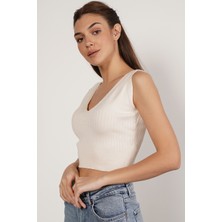 Trist Star Kadın KEMIK  Organik Pamuk Likralı Crop Triko Atlet Örme Bluz