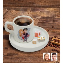 BK Kişiye Özel Sunum Tabaklı Sevgililer Karikatürlü Türk Kahvesi Fincanı Model 2