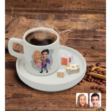 BK Kişiye Özel Sunum Tabaklı Sevgililer Karikatürlü Türk Kahvesi Fincanı Model 3