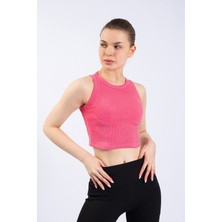 Kadın Pembe Fitilli Örme Crop Atlet
