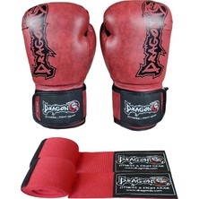 Dragon 30127-P Distrito Boks ,muay Thai Eldiveni ve Kırmızı 3,5 Metre Bandajlı Set