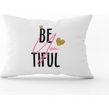 Cango Home Beyaz Pembe Beautiful Yazılı Dijital Baskı Kırlent Yastık Kılıfı - CGH406-3550 Çift Tarafı Baskılı