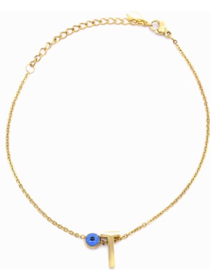 Ferizz  Altın Kaplama Nazar Boncuklu T Harfli Kadın Halhal HAL-111