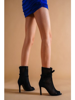 Moda Radikal Sugar Siyah Süet - Siyah File Topuklu Kadın Ayakkabı