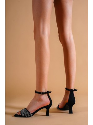 Moda Radikal Yetta Siyah Süet Taş Detaylı Topuklu Kadın Ayakkabı