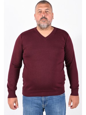 Trist Star Büyük Beden Erkek Bordo %100 Pamuk V Yaka Kazak TRIST-2102