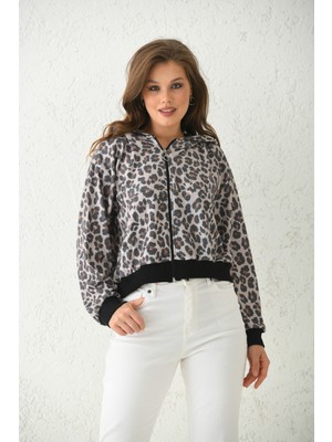 Moviment Bej Kapüşonlu Leopar Baskılı Sweatshirt