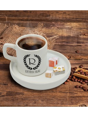 BK Kişiye Özel Sunum Tabaklı Çelenk Baş Harfli Isimli Türk Kahvesi Fincanı Model 2
