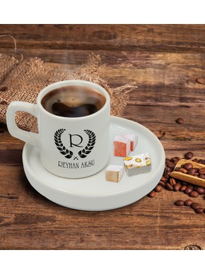 BK Kişiye Özel Sunum Tabaklı Çelenk Baş Harfli Isimli Türk Kahvesi Fincanı Model 1