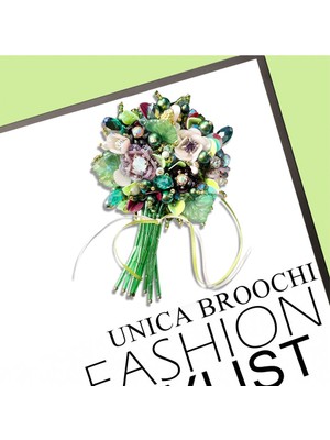 Unica Brooche Yeşil Çiçek Buketi Broş